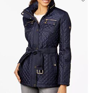Michael Kors Hooded Belted Quilted Coat Blue Petite Medium